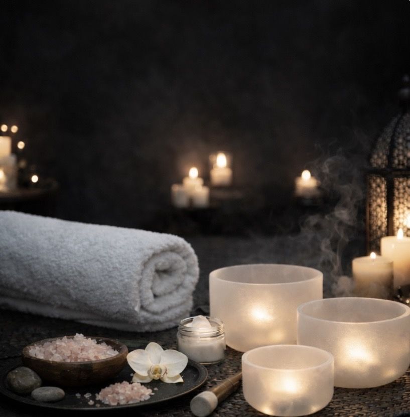 salt scrub and singing bowls foot reflexology